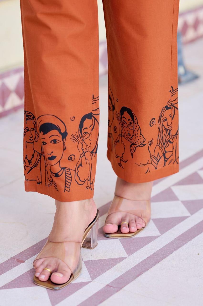 Rust Orange Printed Cotton Kurta Pants Set For Women