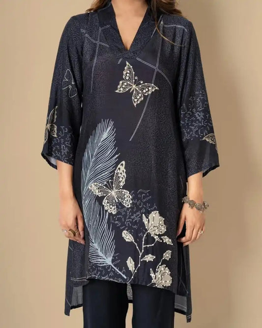 Floral Printed Cotton Silk Regular Tunic With Trousers