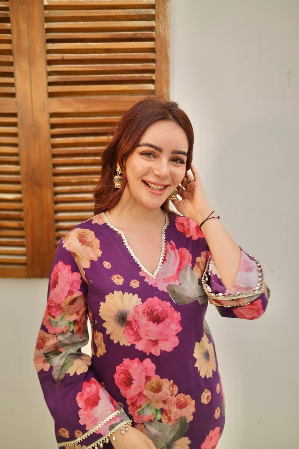 Trending Purple Mul Cotton Kurti Pant Co-Ord Set With Lace Detailing