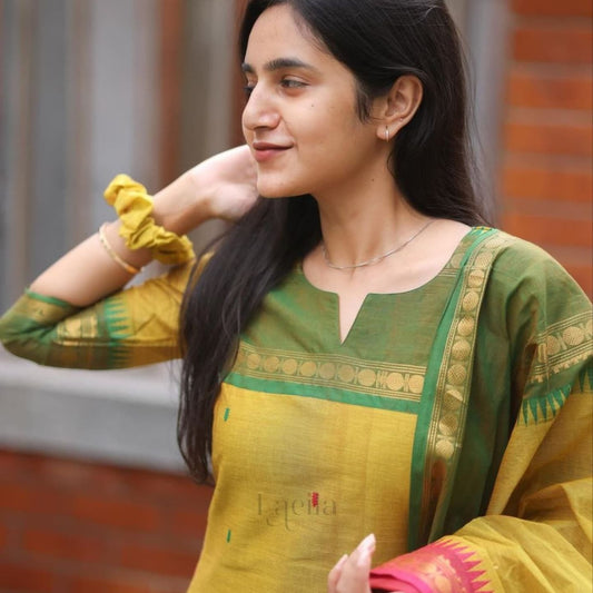 Elegant Kanchi Cotton Suit Set With Jacquard Dupatta