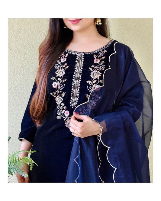 Dark Blue Velvet Suit set with embroidery for Womens