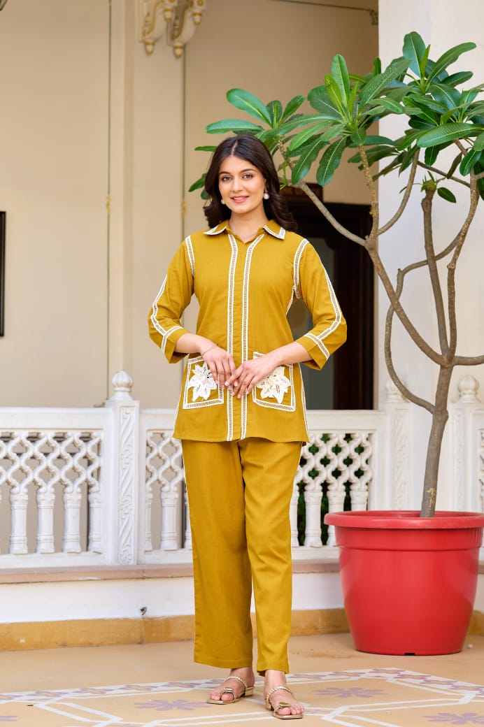 Embroidery mustard coord set