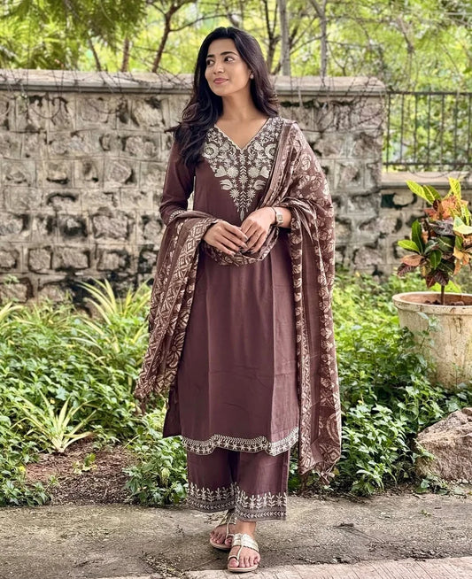 Brown Cotton Embroidery Straight Fit Suit Set
