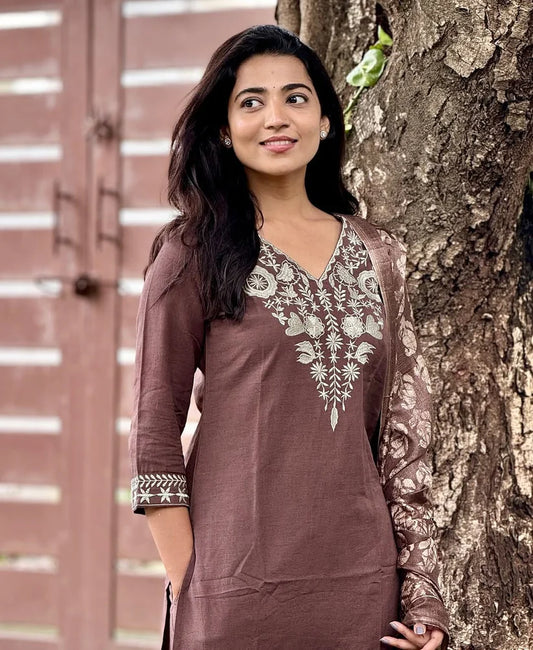Brown Cotton Embroidery Straight Fit Suit Set