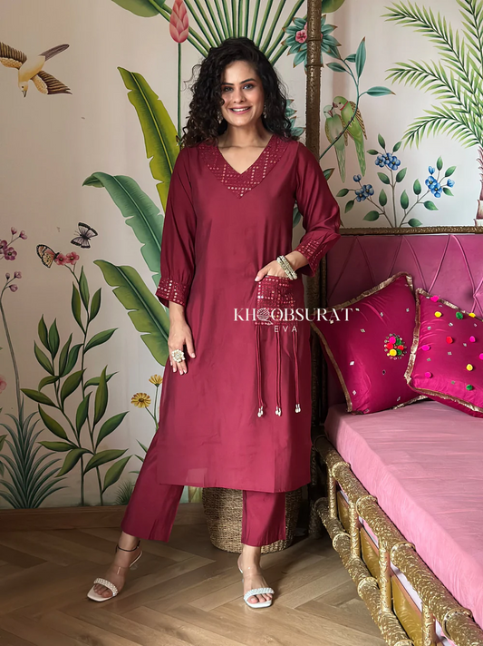 Geometric Embroidered Sequinned Cotton Silk A-Line Kurta With Trousers