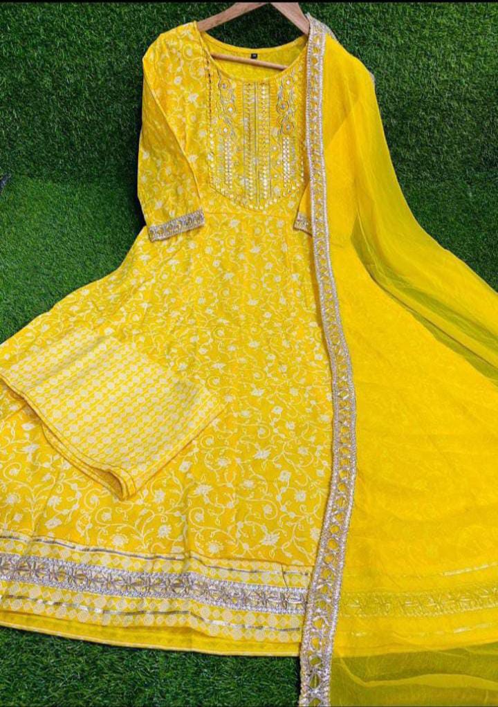 Yellow Beautifull Heavy Rayon Printed 3 - Piece Set