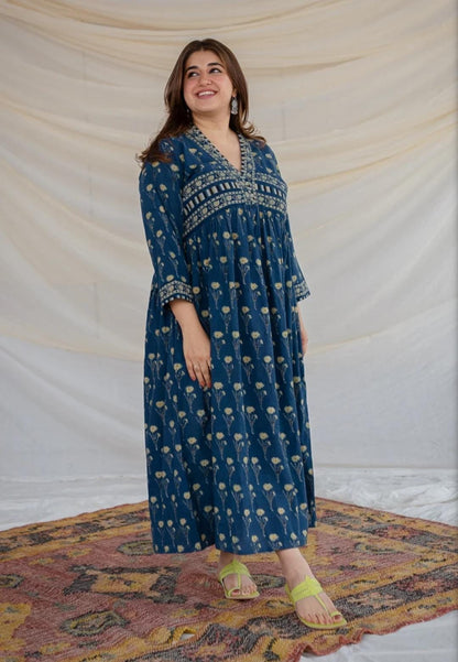 A Line Hand-Block Printed Cotton Maxi Dress