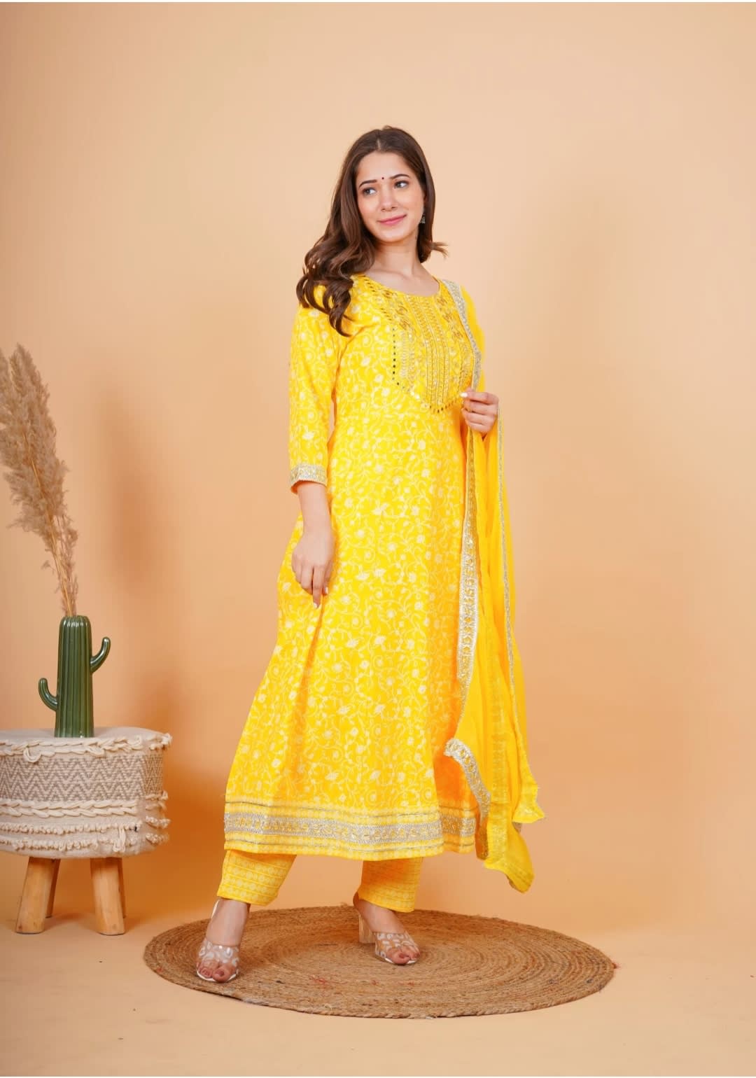Yellow Beautifull Heavy Rayon Printed 3 - Piece Set