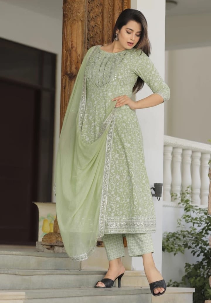 BEAUTIFUL HEAVY RAYON PRINTED 3-PIECE SET ????Gteen
