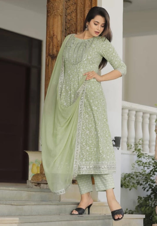 BEAUTIFUL HEAVY RAYON PRINTED 3-PIECE SET ????Gteen