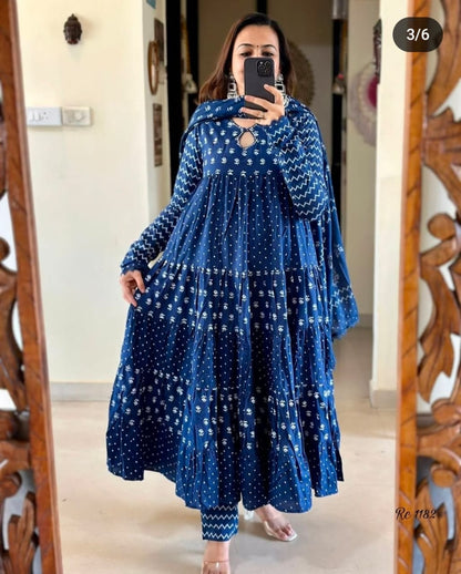 Blue Cotton Anarkali Kurta Set Festive Collection