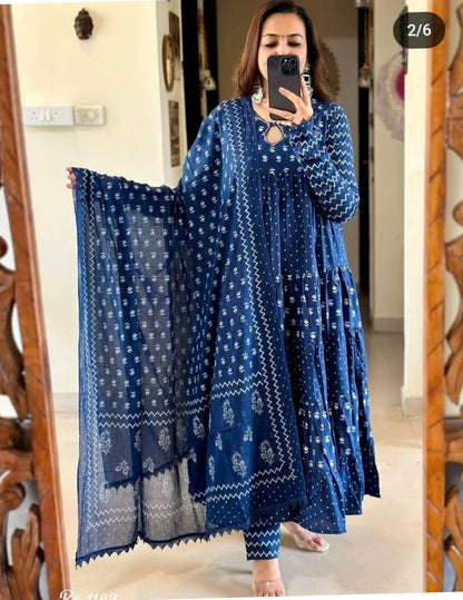 Blue Cotton Anarkali Kurta Set Festive Collection