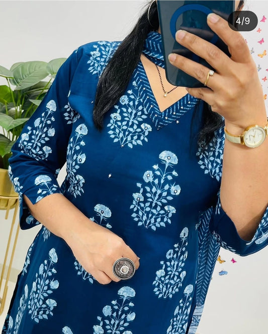 Blue Designer Straight Kurta Pant With Duppata Set