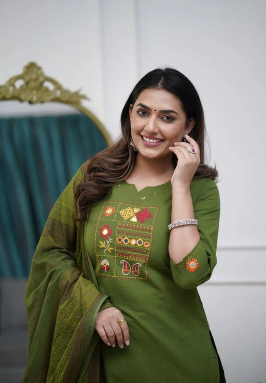 Cotton Kurta Pant Set with Dupatta – 3 Vibrant Colors Mehndi green
