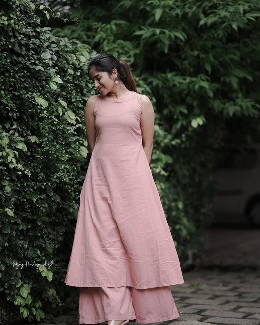 Cotton Slub Kurta Set Pink