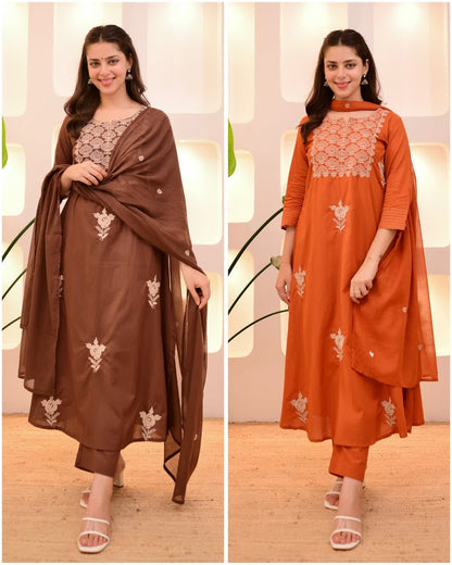Brown Flaired Embroidered Cotton 3-Piece Suit