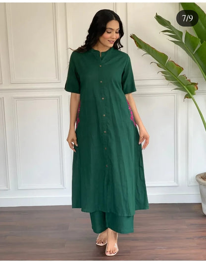 Elegant Bottle Green Cotton Slub 2-Piece Set With Side Pockets | Premium Quality