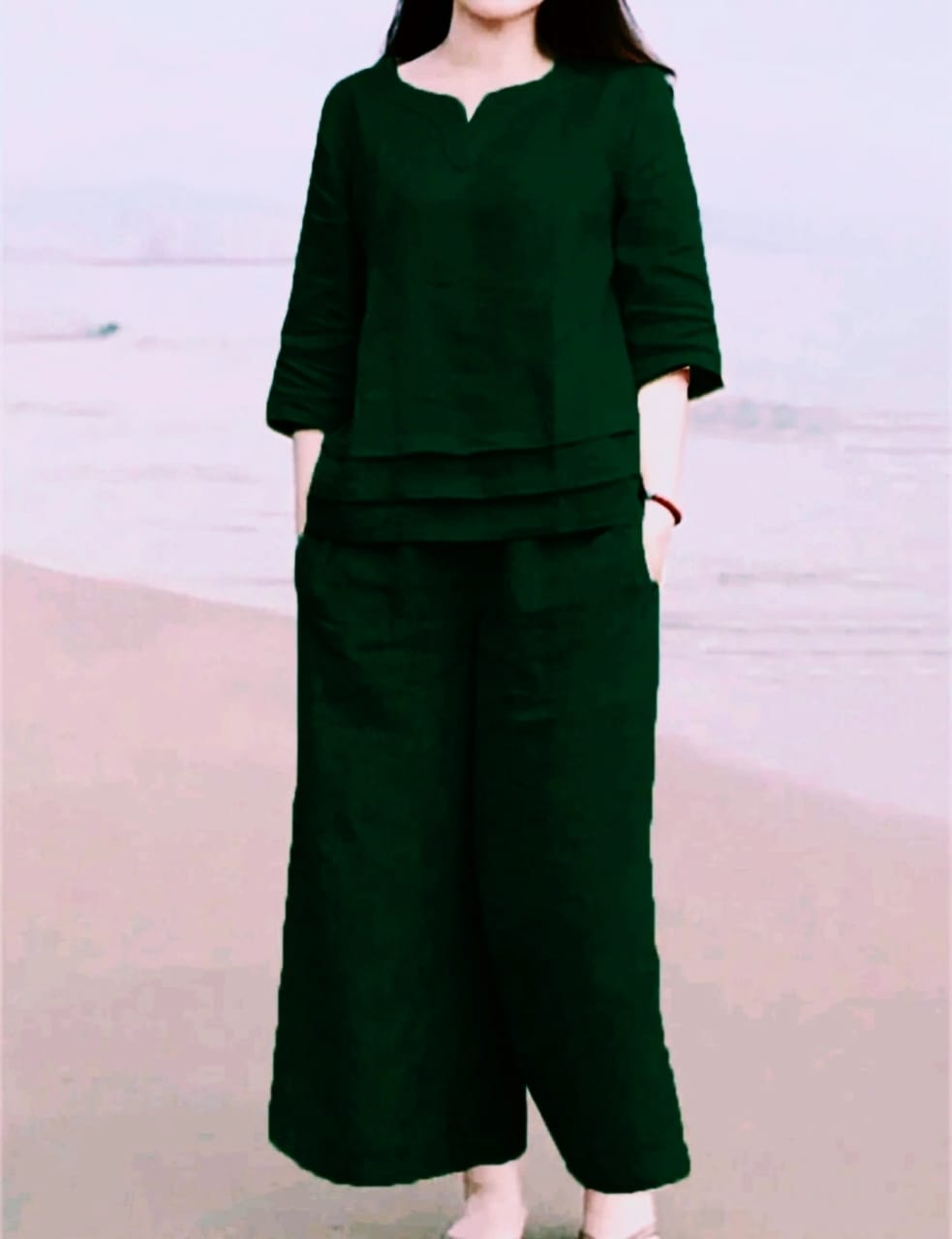 Elegant Cotton Slub Co-ord Set Bottle green