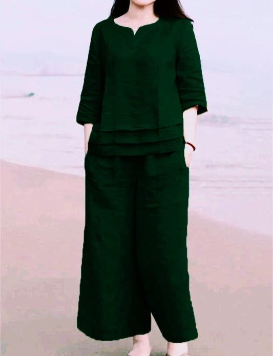 Elegant Cotton Slub Co-ord Set Bottle green