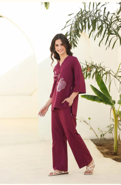 Elegant Embroidered Cotton Kurti Palazzo Set With Pintex Detailing & Pockets