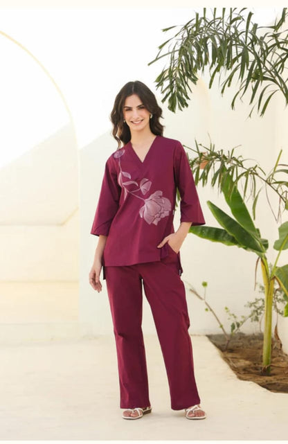 Elegant Embroidered Cotton Kurti Palazzo Set With Pintex Detailing & Pockets
