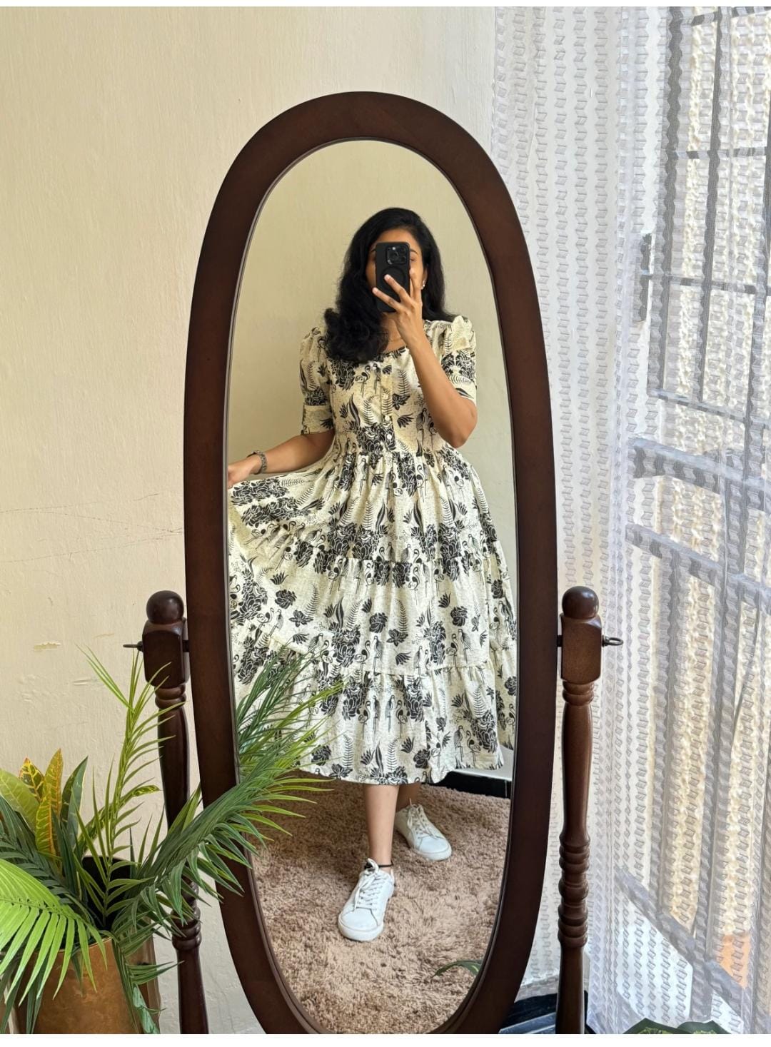 Elegant Floral Print Cotton Midi Dress With Puff Sleeves