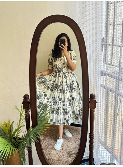 Elegant Floral Print Cotton Midi Dress With Puff Sleeves