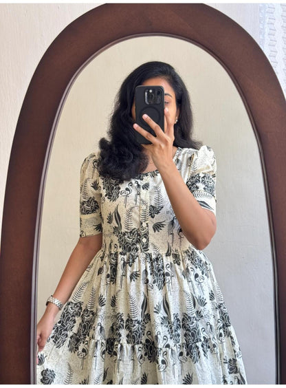 Elegant Floral Print Cotton Midi Dress With Puff Sleeves