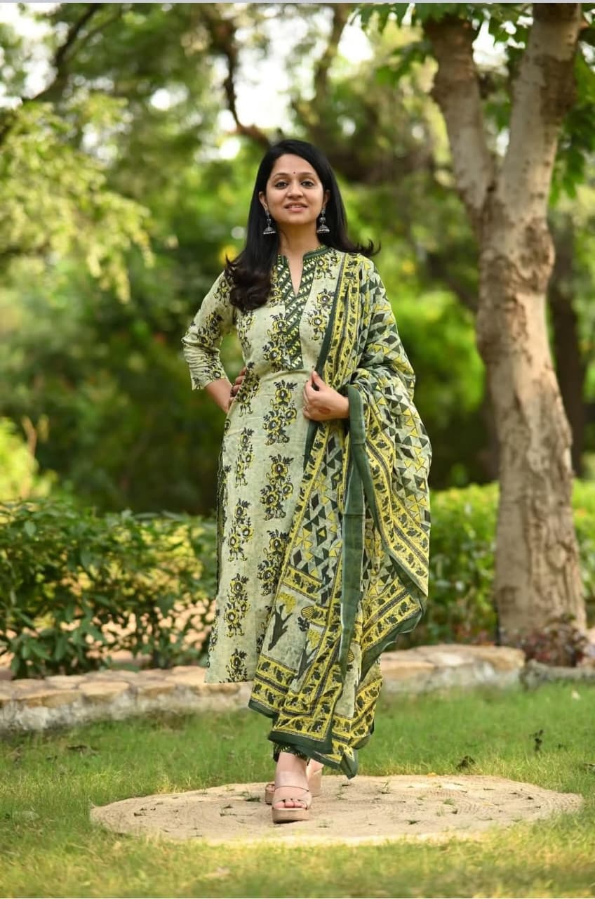 Elegant Green & Yellow Printed Suit Set