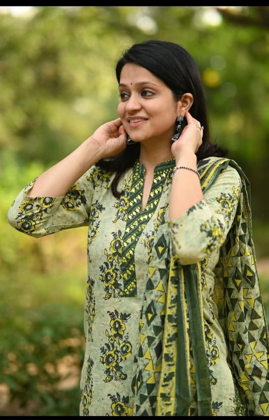 Elegant Green & Yellow Printed Suit Set