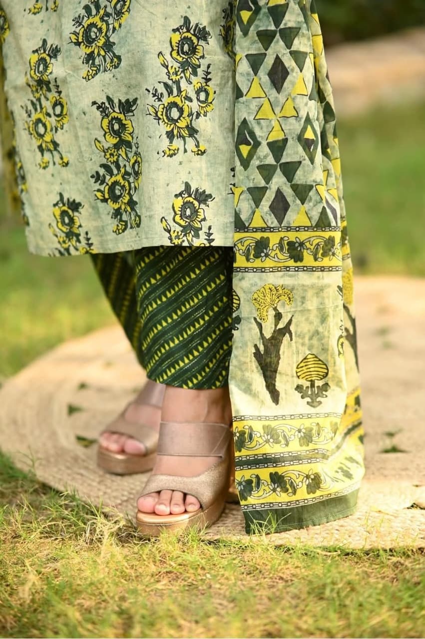 Elegant Green & Yellow Printed Suit Set