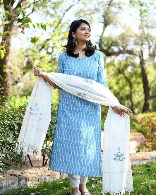 Elegant Handloom Cotton Suit Set with Embroidered Chanderi Dupatta