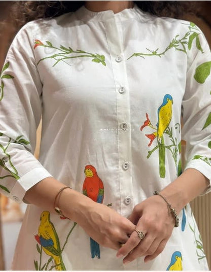 Elegant Pure Cotton Women'S Kurta Handcrafted Bird & Botanical Design