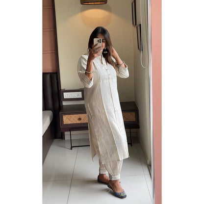Cream Khadi Cotton Kurti Set With Dupatta For Women
