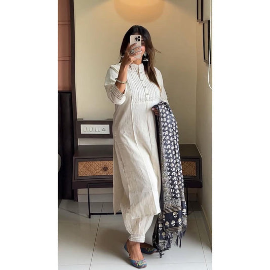 Cream Khadi Cotton Kurti Set With Dupatta For Women