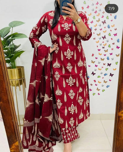 Floral Cotton Suit Set (3 Colours) Maroon