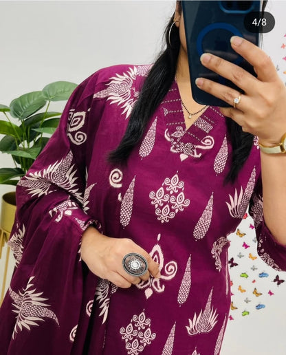 Floral Cotton Suit Set  (3 Colours)  Purple