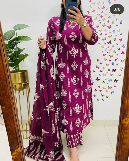 Floral Cotton Suit Set  (3 Colours)  Purple