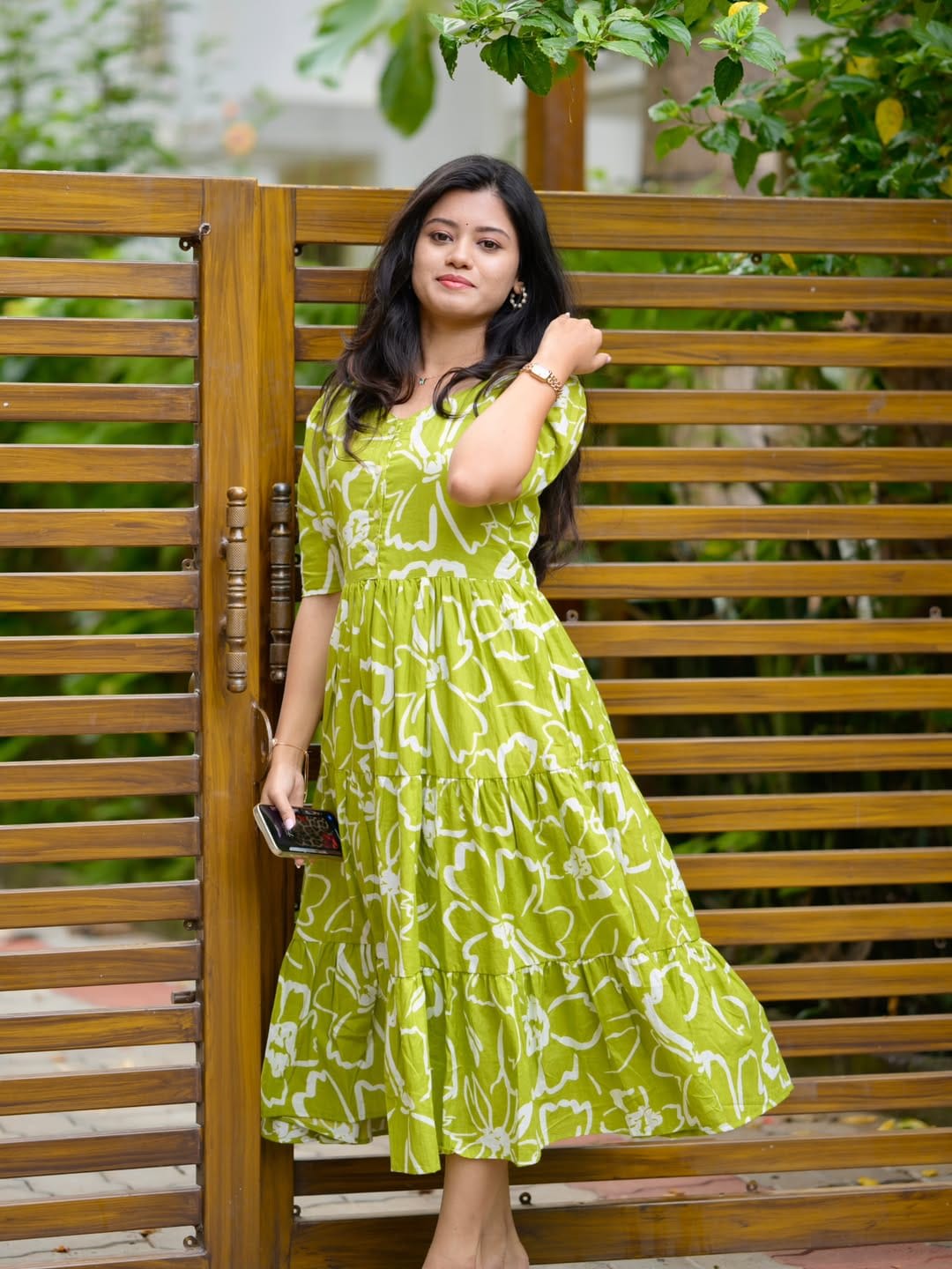 Fresh Green Floral Cotton Midi Dress For Women