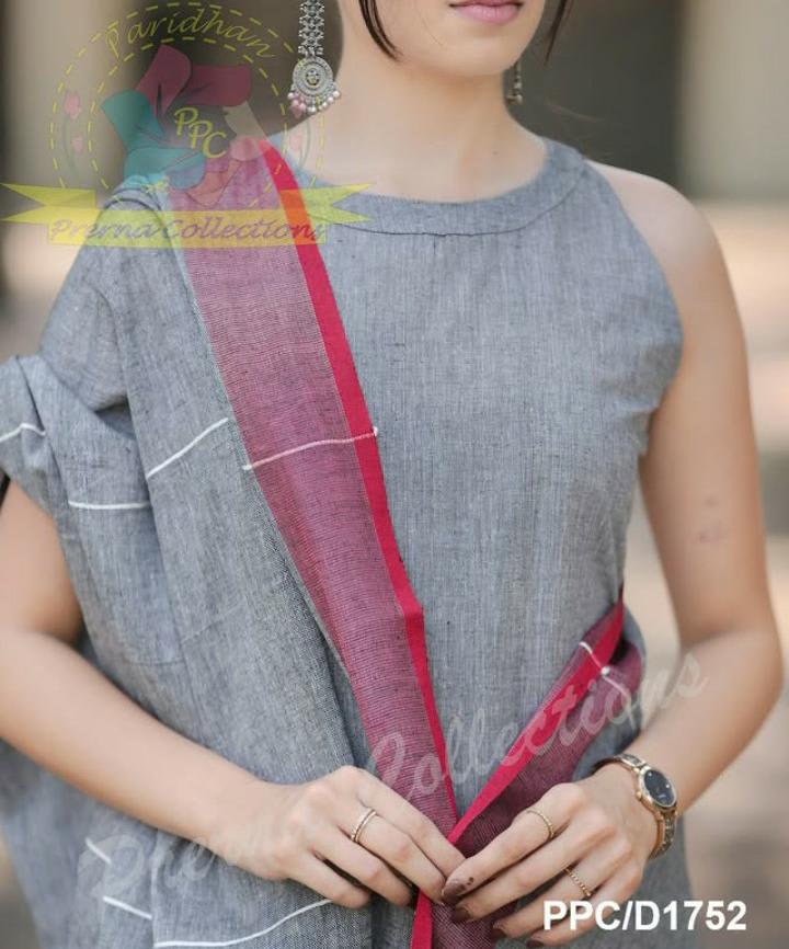 Grey Handloom Cotton Embroidered Kurti