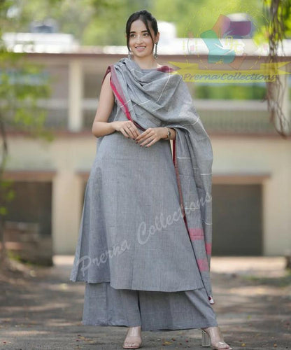 Grey Handloom Cotton Embroidered Kurti