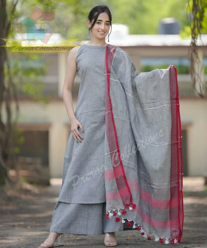 Grey Handloom Cotton Embroidered Kurti