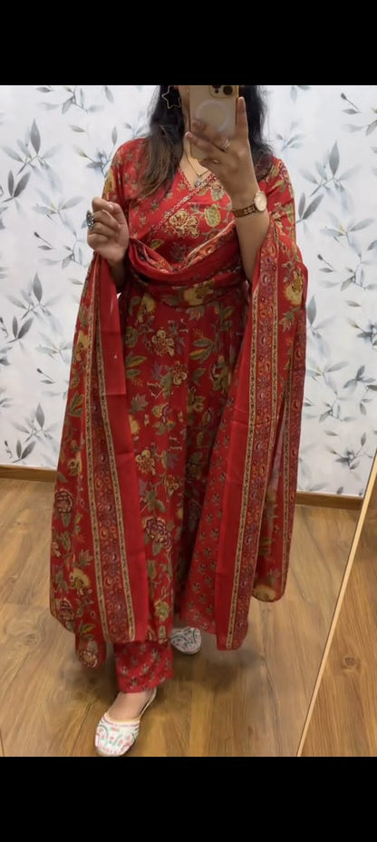 Red Jaipur Ajrakh 3 Piece Suit Set