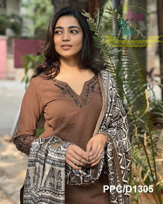 Brown Cotton Kurti Set With Dupatta For Women