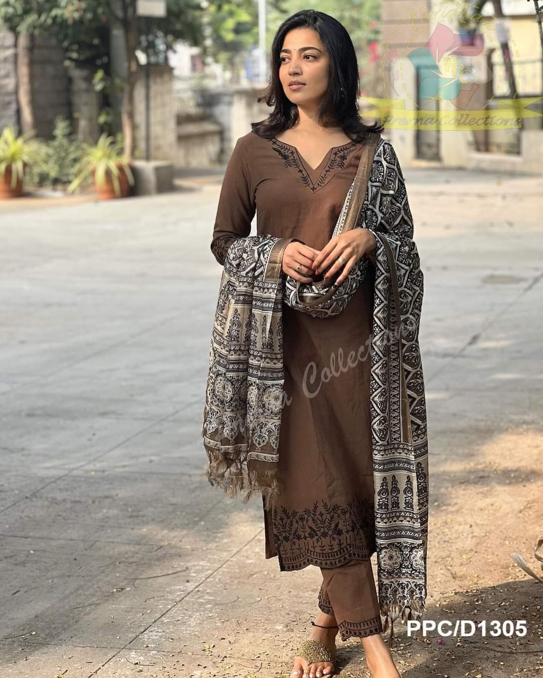 Brown Cotton Kurti Set With Dupatta For Women