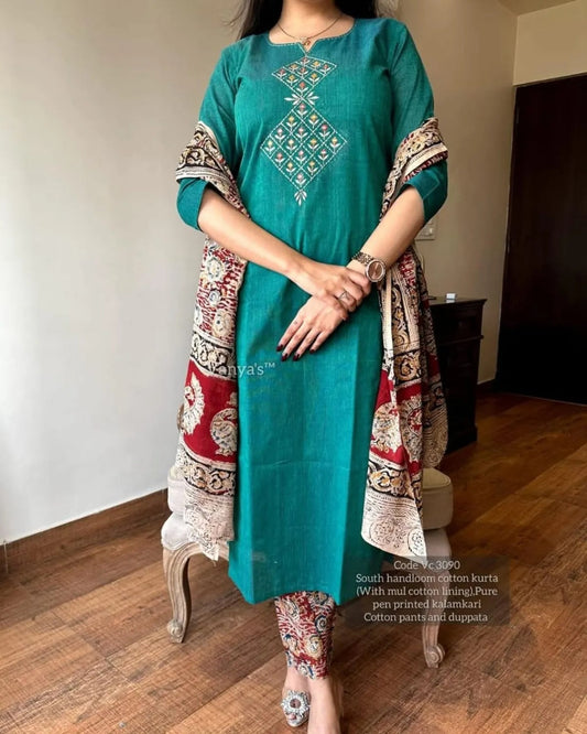 Elegant Teal South Handloom Cotton Kurta Set