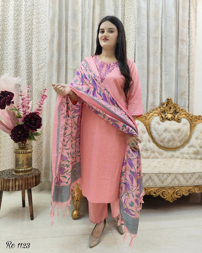 Light Pink Handloom Embroidered Suit Set For All Occasions