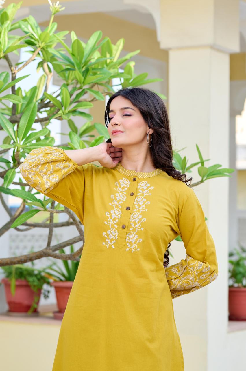 Mustard Yellow Embroidered Cotton Kurta Pant Set For Women