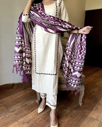 Pure Handloom Cotton Kurta Pant And Khadi Silk Ikkat Print Dupatta Set
