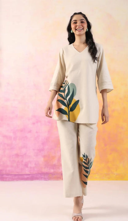 Off White Printed Cotton Flex Co Ord Set